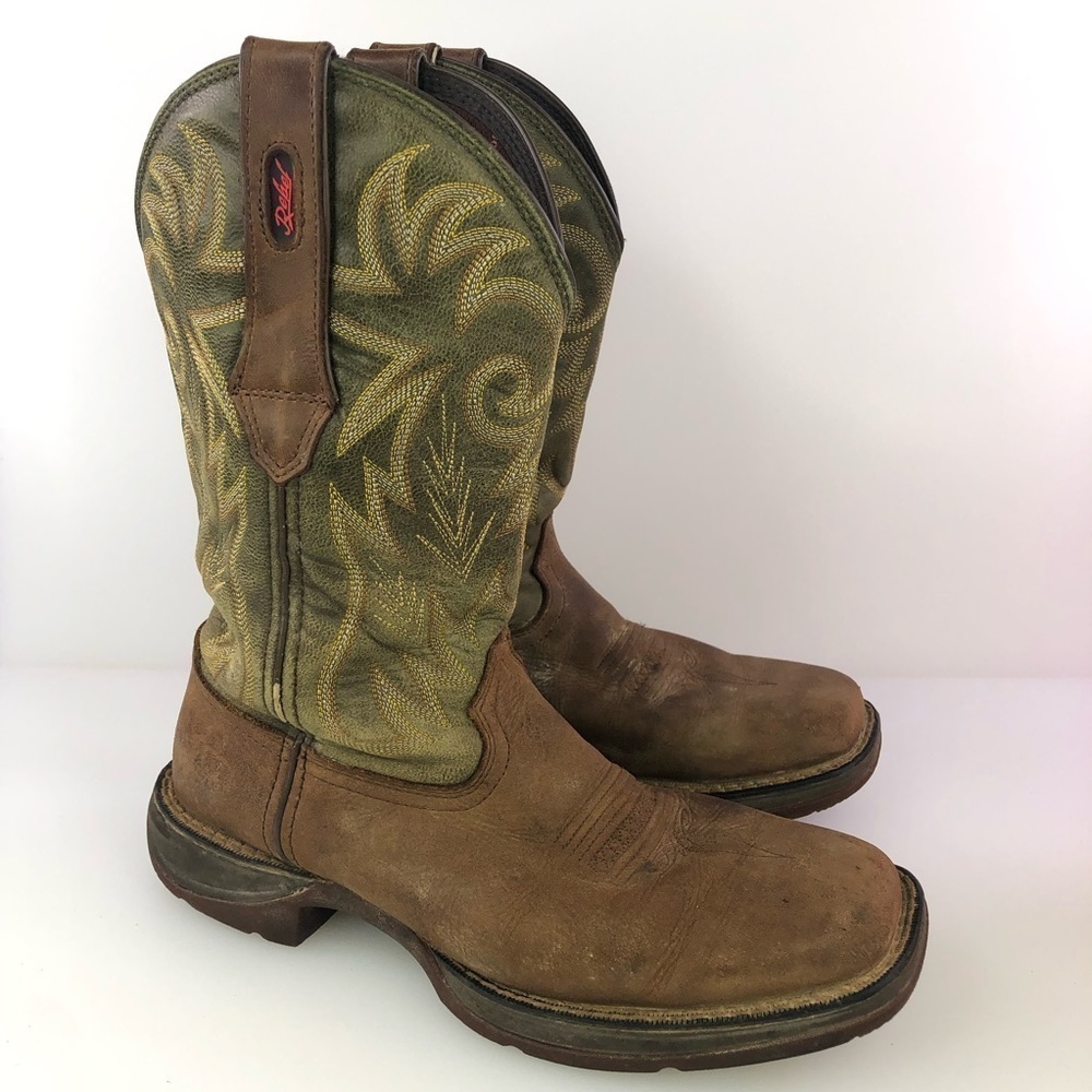 Durango Brown Leather Green Cowboy Western Boots Size 8.5